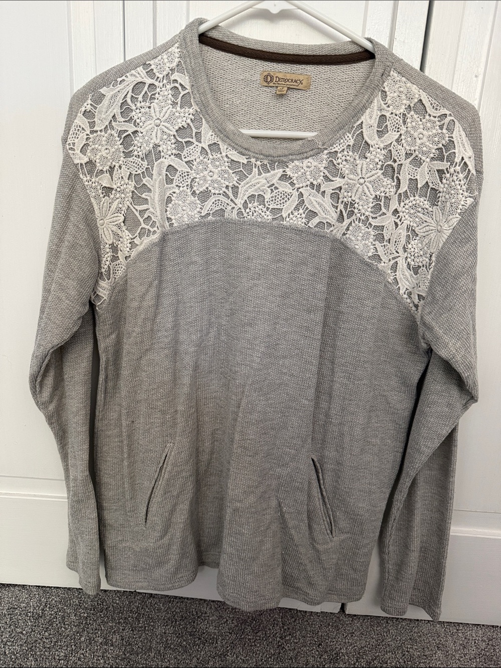 Democracy Gray Sweatshirt with Cream Lace Yoke